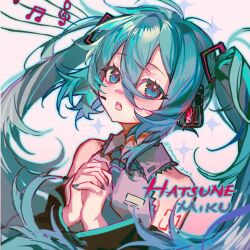 Rule 34 | 1girl, aqua hair, bare shoulders, blue eyes, blue necktie, character name, chinese commentary, collared shirt, commentary request, detached sleeves, floating hair, grey shirt, hair between eyes, hatsune miku, headset, highres, interlocked fingers, long bangs, long hair, looking at viewer, music, musical note, necktie, open mouth, own hands clasped, own hands together, shirt, shixiaoqina, signature, simple background, singing, sleeveless, sleeveless shirt, solo, sparkling eyes, staff (music), twintails, upper body, vocaloid, white background