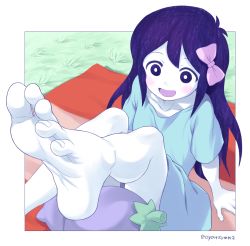Rule 34 | 1girl, absurdres, aubrey (omori), barefoot, blanket, blue shirt, blue skin, blush, border, bow, bowtie, collarbone, colored skin, feet, foot focus, grass, grey skin, hair between eyes, hair ornament, happy, highres, legs up, long hair, omori, on floor, open mouth, outdoors, outside border, oversized clothes, oyatsu (mk2), purple hair, shirt, short sleeves, sitting, smile, soles, stuffed toy, toenails, toes, tongue, white background