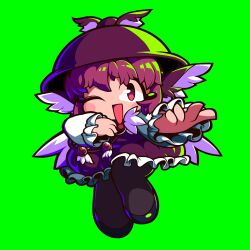 Rule 34 | 1girl, animal ears, bird ears, bird wings, black footwear, black pantyhose, brown dress, brown hat, commentary request, dress, feathered wings, frilled sleeves, frills, full body, green background, hat, highres, long sleeves, looking at viewer, mystia lorelei, one eye closed, open mouth, pantyhose, pink eyes, pink hair, pink wings, shoes, short hair, simple background, smile, solo, tonchamon san, touhou, winged hat, wings