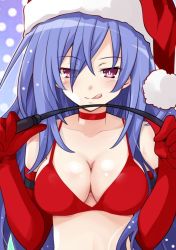 Rule 34 | 1girl, blue hair, blush, breasts, christmas, cleavage, elbow gloves, gloves, hat, holding, iris heart, iwashi dorobou -r-, kami jigen game neptune v, large breasts, licking lips, long hair, looking at viewer, neptune (series), power symbol, power symbol-shaped pupils, purple eyes, riding crop, santa costume, santa hat, smile, solo, symbol-shaped pupils, tongue, tongue out, upper body