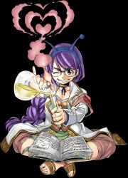 Rule 34 | 1girl, book, brown eyes, brown footwear, crossed legs, fake antennae, full body, gate of nightmares, glasses, grin, heart, highres, holding vial, jacket, long hair, looking at viewer, mashima hiro, official art, one eye closed, open book, open clothes, open jacket, purple hair, sandals, simple background, sitting, smile, smoke, solo, transparent background, varcelio (gate of nightmares), white jacket