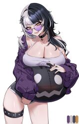 1girl black_hair black_nails black_shorts breasts choker cleavage doujenrad grey_hair hair_ornament highres hololive hololive_english jacket jewelry large_breasts long_hair looking_at_viewer multicolored_hair multiple_rings purple-tinted_eyewear purple_jacket ring shiori_novella shorts smile solo spaghetti_strap split-color_hair studded_thigh_strap stuffed_toy sunglasses tank_top thigh_strap tinted_eyewear two-tone_hair virtual_youtuber white_background yellow_eyes yorick_(shiori_novella)