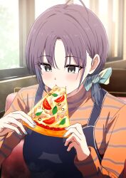 Rule 34 | 1girl, ahoge, asakura toru, bow, eating, food, gradient hair, hair bow, highres, holding, holding food, holding pizza, idolmaster, idolmaster shiny colors, indoors, misaki nonaka, multicolored hair, orange shirt, overalls, pizza, pizza slice, shirt, short hair, solo, striped, striped bow, upper body