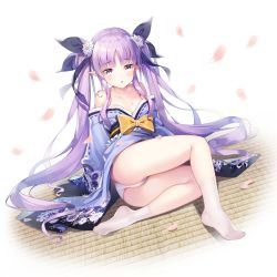 Rule 34 | 1girl, bare legs, bare shoulders, blue kimono, braid, cherry blossoms, feet, flower, hair flower, hair ornament, highres, japanese clothes, kimono, kyouka (princess connect!), long hair, looking at viewer, no shoes, panties, pinki o64, pointy ears, princess connect!, purple hair, purple kimono, socks, solo, tatami, thighs, twin braids, twintails, underwear, white panties, white socks