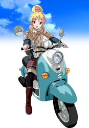 Rule 34 | alternate hairstyle, bakuon!!, blonde hair, boots, commentary, cosplay, day, hair bun, hal-py, looking at viewer, motor vehicle, name connection, orange eyes, pantyhose, riding, scooter, shawl, shima rin, shima rin (cosplay), single hair bun, sky, suzunoki rin, yamaha vino, yurucamp