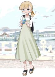 Rule 34 | 1girl, alternate costume, blonde hair, blue eyes, blue sky, blunt bangs, cloud, day, dress, drink, full body, grey dress, hair ribbon, kantai collection, long hair, one-hour drawing challenge, outdoors, ribbon, shin&#039;you (kancolle), shirt, sky, solo, toeless footwear, white shirt, yamashichi (mtseven)