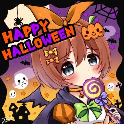 Rule 34 | 1girl, bat (animal), bat wings, black cape, black wings, blue eyes, blush, bow, brown hair, bug, candy, cape, commentary request, food, ghost, gradient sky, green bow, hair between eyes, hair bow, halloween, head tilt, heart, heart in eye, highres, holding, holding candy, holding food, holding lollipop, kurumi (princess connect!), lollipop, looking at viewer, nyano21, orange bow, orange sky, polka dot, polka dot bow, princess connect!, puffy short sleeves, puffy sleeves, purple sky, shirt, short hair, short sleeves, signature, silk, sky, solo, spider, spider web, star (symbol), swirl lollipop, symbol in eye, upper body, white shirt, wings, yellow bow