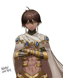 Rule 34 | 1boy, abs, ahoge, artist name, bad id, bad pixiv id, bicobico-bico, black gloves, brown hair, cape, crossed arms, dark skin, dark-skinned male, dated, egyptian, egyptian clothes, expressionless, fate/grand order, fate/prototype, fate/prototype: fragments of blue and silver, fate (series), gauntlets, gloves, hair between eyes, highres, jewelry, looking at viewer, male focus, muscular, necklace, ozymandias (fate), topless male, shrug (clothing), signature, simple background, solo, standing, upper body, white background, white cape, yellow eyes, aged down