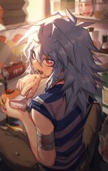 Rule 34 | 1boy, absurdres, bakura ryou, bandaged arm, bandages, burger, cola, eating, food, food on face, grey hair, highres, injury, long hair, looking back, male focus, red eyes, refrigerator, shirt, solo, striped clothes, striped shirt, xiao (creation0528), yu-gi-oh!, yu-gi-oh! duel monsters