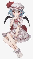 Rule 34 | 1girl, bat wings, blue hair, bobby socks, dress, grey background, hat, hat ribbon, highres, looking at viewer, mob cap, pointy ears, red ribbon, remilia scarlet, ribbon, shone, socks, solo, touhou, white hat, wings, wrist cuffs