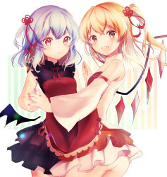 Rule 34 | 2girls, absurdres, alternate costume, ass, bat wings, blonde hair, commentary request, detached sleeves, flandre scarlet, hair ribbon, highres, holding hands, light purple hair, looking at viewer, multiple girls, nenobi (nenorium), one side up, open mouth, red eyes, remilia scarlet, ribbon, siblings, sisters, sleeveless, touhou, white background, wings