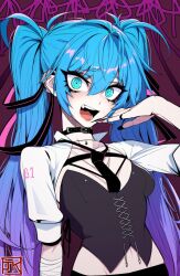 Rule 34 | 1girl, black nails, blue eyes, blue hair, breasts, choker, commentary, english commentary, hair between eyes, hatsune miku, highres, j.k., looking at viewer, medium breasts, necktie, open mouth, short sleeves, solo, teeth, tongue, twintails, upper body, vocaloid, watermark
