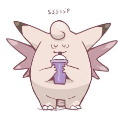 Rule 34 | clefable, closed eyes, commentary, creatures (company), cup, disposable cup, drinking, flyingrotten, full body, game freak, gen 1 pokemon, grimace shake (meme), holding, holding cup, meme, nintendo, no humans, pokemon, pokemon (creature), simple background, standing, u u, white background