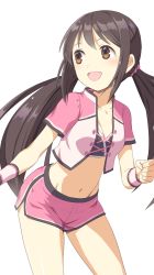 Rule 34 | 1girl, :d, breasts, brown eyes, brown hair, cleavage, collarbone, dolphin shorts, floating hair, grey sports bra, groin, hair ornament, hair scrunchie, idolmaster, idolmaster cinderella girls, jacket, long hair, low twintails, midriff, nakano yuka, navel, open clothes, open jacket, open mouth, pink jacket, pink scrunchie, pink shorts, scrunchie, short shorts, short sleeves, shorts, simple background, small breasts, smile, solo, sports bra, standing, stomach, twintails, very long hair, white background, wristband, yama tatsuo