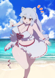 Rule 34 | 1girl, :o, animal ears, arctic fox (kemono friends), beach, breasts, cleavage, cloud, cloudy sky, dated, fox ears, fox girl, fox tail, highres, kemono friends, large breasts, long hair, midriff, navel, nishuu miri, no nose, ocean, outstretched arms, running, sarong, signature, sky, solo, spread arms, tail, thighs, very long hair, white hair, wrist cuffs, yellow eyes
