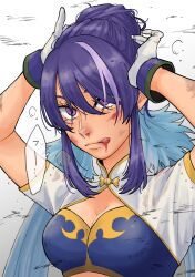Rule 34 | 1girl, arms up, artist request, blood, blood on face, blue hair, breasts, cleavage, gloves, highres, judith (tales), long hair, medium breasts, pointy ears, purple eyes, solo, tales of (series), tales of vesperia