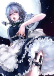 Rule 34 | 1girl, apron, backlighting, bad id, bad pixiv id, between fingers, blue dress, bow, braid, breasts, chikada yuu, collared shirt, dress, frilled apron, frilled dress, frills, full moon, hair bow, holding, holding knife, izayoi sakuya, knife, knives between fingers, licking lips, lips, looking at viewer, looking down, maid, maid apron, maid headdress, moon, moonlight, puffy short sleeves, puffy sleeves, red eyes, red lips, shirt, short sleeves, silver hair, sky, solo, star (sky), starry sky, thigh strap, thighs, tongue, tongue out, touhou, twin braids