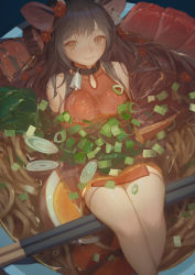Rule 34 | 1girl, animal ears, beef, bell, breasts, brown eyes, brown hair, chopsticks, collar, dress, ear tag, echosdoodle, flower, food, hair flower, hair ornament, highres, long hair, medium breasts, mini person, minigirl, neck bell, original, partially submerged, solo, soup, spring onion, thighhighs, white thighhighs
