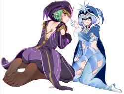 Rule 34 | 2girls, animal ears, artist request, ass, blue hair, blush, bodysuit, breasts, cape, cicin mage (genshin impact), cryo cicin mage (genshin impact), electro cicin mage (genshin impact), embarrassed, from behind, genshin impact, gloves, gradient hair, green hair, hood, kneeling, looking at viewer, looking back, mask, multicolored hair, multiple girls, pantyhose, parted lips, shiny clothes, short hair, silver hair, smile, sucrose (genshin impact), yellow eyes