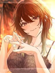 Rule 34 | 1girl, aketa mikoto, backlighting, blurry, blurry background, blush, breasts, brown hair, collarbone, framed, gradient hair, head tilt, highres, idolmaster, idolmaster shiny colors, large breasts, light brown hair, looking at viewer, multicolored eyes, multicolored hair, own hands together, paddy field, palm tree, smile, solo, sunset, tree, upper body