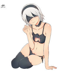 Rule 34 | 1girl, arm support, black bra, black hairband, black panties, black thighhighs, blindfold, bra, cat cutout, cat ear panties, cat lingerie, cleavage cutout, clothing cutout, collar, collarbone, covered eyes, dated, dyxm, hairband, head tilt, highres, meme attire, mole, mole under mouth, navel, nier (series), nier:automata, panties, pink lips, revision, short hair, side-tie panties, signature, silver hair, simple background, sitting, smile, solo, stomach, thighhighs, underwear, underwear only, white background, 2b (nier:automata)
