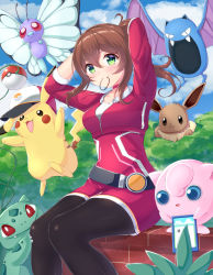 Rule 34 | 10s, 1girl, absurdres, adjusting hair, baseball cap, belt, black leggings, blush, breasts, brown hair, bulbasaur, butterfree, cellphone, choker, creatures (company), eevee, female protagonist (pokemon go), game freak, gen 1 pokemon, golbat, green eyes, has bad revision, has downscaled revision, hat, highres, hio (hiohio0306), jigglypuff, leggings, long hair, looking at viewer, md5 mismatch, mouth hold, nintendo, phone, pikachu, poke ball, pokemon, pokemon (creature), pokemon go, ponytail, resolution mismatch, sitting, smartphone, smile, source smaller, tying hair