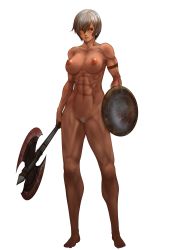 Rule 34 | 1girl, abs, absurdres, axe, battle axe, blood, bob cut, breasts, completely nude, female pubic hair, highres, huge filesize, kaki o7o7, medium breasts, muscular, muscular female, nipples, nude, original, pixiv, pubic hair, shield, short hair, solo, transparent background, veins, warrior, weapon
