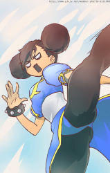 Rule 34 | 1girl, alternate hairstyle, bracelet, breasts, brown hair, china dress, chinese clothes, chun-li, double bun, double tens, dress, highres, jewelry, kicking, medium breasts, no pupils, pantyhose, pelvic curtain, puffy sleeves, sash, short hair, solo, spiked bracelet, spikes, street fighter, watermark, web address