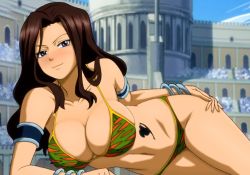 Rule 34 | bikini, blush, bracelet, breasts, brown hair, cana alberona, fairy tail, jewelry, large breasts, long hair, lots of jewelry, navel, purple eyes, screencap, stitched, swimsuit, tattoo, third-party edit