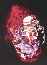 Rule 34 | 1girl, absurdres, applepie (12711019), ascot, black background, blonde hair, checkered floor, crystal, dress, fang, flandre scarlet, hair between eyes, hat, highres, laevatein (touhou), looking at viewer, mob cap, open mouth, red dress, red eyes, side ponytail, smile, solo, touhou, white hat, wings, yellow ascot