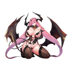 Rule 34 | 1girl, absurdly long hair, areola slip, bat wings, black wings, blue eyes, breasts, corset, demon girl, demon tail, detached sleeves, game cg, garter belt, gloves, high heels, highres, horns, huge breasts, large breasts, large wings, last origin, long hair, looking at viewer, mole, mole under mouth, official art, pink hair, purple hair, revealing clothes, revision, serapias alice, snowball22, solo, source request, tachi-e, tail, thighhighs, thighs, transparent background, very long hair, wings