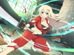 Rule 34 | 1girl, attack, black sports bra, blonde hair, blush, breasts, cleavage, collarbone, debris, greatsword, green eyes, hair ornament, hairclip, holding, holding sword, holding weapon, huge weapon, indoors, jacket, large breasts, light particles, linea alba, long hair, looking at viewer, motion lines, official alternate costume, official art, open mouth, pants, red jacket, red track suit, rubble, senran kagura, senran kagura new link, senran kagura shoujo-tachi no shin&#039;ei, solo, sports bra, sword, torn clothes, torn jacket, torn pants, torn sleeves, torn sports bra, track jacket, weapon, window, yaegashi nan, yomi (senran kagura)