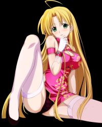 Rule 34 | 10s, 1girl, ahoge, arm strap, asia argento, black panties, blonde hair, blush, breasts, china dress, chinese clothes, cleavage, cleavage cutout, clothing cutout, dress, fingerless gloves, garter straps, gloves, green eyes, high school dxd, large breasts, legs, long hair, long legs, looking at viewer, panties, parted lips, pink dress, pink thighhighs, short dress, sitting, solo, spread legs, thighhighs, thighs, transparent background, underwear, very long hair, white gloves
