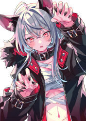 Rule 34 | 1girl, ahoge, animal ear fluff, animal ears, black collar, black jacket, black nails, blush, breasts, budget sarashi, chest sarashi, claw pose, collar, commentary, fingernails, fur-trimmed jacket, fur trim, grey hair, hair between eyes, halloween, hand up, highres, jacket, long fingernails, long hair, long sleeves, looking at viewer, navel, open clothes, open jacket, open mouth, orange eyes, original, sarashi, sharp fingernails, sidelocks, simple background, small breasts, solo, standing, stitched torso, stitches, stomach, suzaku (zaku6584), underboob, upper body, white background, wolf ears