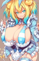 Rule 34 | + +, 1girl, :3, absurdres, blonde hair, blue eyes, blue hair, bombergirl, bomberman, bra, breasts, brown background, cleavage, covered erect nipples, curvy, dress, garter straps, grin, headgear, highres, huge breasts, konami, looking at viewer, maid, matching hair/eyes, miniskirt, multicolored eyes, multicolored hair, pine (bombergirl), presenting, shiny clothes, short hair, skirt, smile, solo, standing, striped bra, striped clothes, suggestive, symbol-shaped pupils, teeth, thick thighs, thighs, topknot, tsukasawa takamatsu, underwear, w arms, yellow eyes