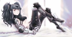 Rule 34 | 1girl, bed, bed sheet, black hair, breasts, cyborg, girls&#039; frontline, haonfest, heel-less heels, highres, looking at viewer, machine, mecha musume, mechanical arms, nyto (generic) (girls&#039; frontline), nyto (girls&#039; frontline), original, paradeus, pillow, prosthesis, prosthetic arm, prosthetic leg, ribs, solo, twintails
