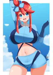 Rule 34 | 1girl, blue eyes, blue gloves, blue shorts, blue sky, blush, border, breasts, cowboy shot, creatures (company), day, game freak, gloves, hair ornament, highres, large breasts, long sleeves, midriff, navel, nintendo, open mouth, pokemon, pokemon bw, pouch, red hair, shiny skin, short hair, short shorts, shorts, sidelocks, sky, skyla (pokemon), smile, solo, standing, teeth, thigh pouch, tiger1001, upper teeth only, white border