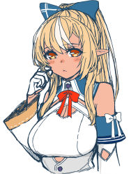 Rule 34 | 1girl, blonde hair, blue bow, bow, breasts, cleavage, commentary, dark-skinned female, dark skin, detached sleeves, hair behind ear, hair bow, highres, hololive, large breasts, pointy ears, ponytail, red bow, sazare (sazare az), shiranui flare, shiranui flare (1st costume), solo, symbol-only commentary, virtual youtuber, white background, white bow