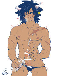 Rule 34 | 1boy, abs, animal ears, animal print, bar censor, bara, black eyes, black hair, blush, bottle, breath, briefs, broly (dragon ball super), censored, chinese zodiac, clothing aside, cow boy, cow ears, cow horns, cow print, cowboy shot, cum, cum in container, cum in cup, cum on body, cum on male, cum on pectorals, dark-skinned male, dark skin, dragon ball, dragon ball super, erection, gureshi db, highres, horns, kemonomimi mode, large pectorals, male focus, male masturbation, male underwear, male underwear aside, masturbation, medium hair, milk bottle, muscular, muscular male, navel, nipples, pectorals, penis, print male underwear, projectile cum, solo, spiked hair, stomach, tearing up, thick eyebrows, thick thighs, thighs, topless male, underwear, underwear only, year of the ox