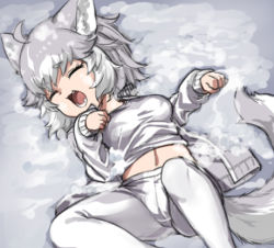 Rule 34 | 1girl, animal ears, blush, breasts, dog (mixed breed) (kemono friends), dog ears, dog tail, grey hair, kemono friends, lowres, lying, medium breasts, multicolored hair, nyifu, on back, open mouth, pantyhose, short hair, smile, snow, snowing, solo, tail, teeth, white hair, white pantyhose