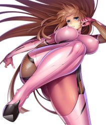 Rule 34 | 00s, 1girl, aoi nagisa (metalder), ass, blue eyes, bodysuit, bouncing breasts, breasts, breasts apart, brown hair, covered erect nipples, female focus, high heels, highres, hime cut, huge ass, huge breasts, impossible clothes, kicking, koukawa asuka, lilith-soft, long hair, looking at viewer, no bra, shiny skin, simple background, skin tight, smile, solo, taimanin (series), taimanin asagi 3, taimanin asagi kessen arena, thighhighs, thighs, very long hair, white background