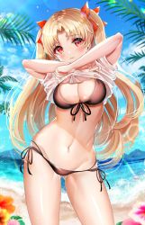Rule 34 | 1girl, artist name, beach, bikini, bikini under clothes, black bikini, blonde hair, blue sky, blush, breasts, chiachun0621, cleavage, closed mouth, clothes lift, cloud, cloudy sky, commentary, contrapposto, cowboy shot, ereshkigal (fate), fate/grand order, fate (series), flower, front-tie bikini top, front-tie top, frown, gluteal fold, hair ribbon, highres, lens flare, lifting own clothes, long hair, looking at viewer, lowleg, lowleg bikini, medium breasts, multi-strapped bikini, navel, ocean, orange flower, outdoors, palm tree, parted bangs, pink flower, red ribbon, ribbon, shirt, shirt lift, shore, short sleeves, side-tie bikini bottom, signature, sky, solo, standing, swimsuit, t-shirt, tree, two side up, very long hair, white shirt