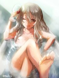 Rule 34 | 10s, 1girl, ;q, alcohol, barefoot, bathing, bathtub, breasts, collarbone, completely nude, crossed legs, cup, drinking glass, dripping, eyebrows, feet, grey eyes, grey hair, hair between eyes, head tilt, holding, holding cup, holding drinking glass, indoors, kantai collection, large breasts, leaning back, light brown hair, long hair, looking at viewer, nude, one eye closed, partially submerged, pola (kancolle), ripples, sasano shiki, shade, short eyebrows, sitting, sketch, soles, solo, steam, tongue, tongue out, twitter username, wavy hair, wet, wet hair, wine, wine glass