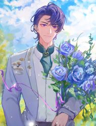 Rule 34 | 1boy, blue flower, blue jacket, blue rose, blue sky, bouquet, closed mouth, cloud, cloudy sky, collared shirt, earrings, flower, formal, highres, holding, holding bouquet, jacket, jewelry, male focus, marius von hagen (tears of themis), outdoors, purple eyes, purple hair, rose, shirt, short hair, single earring, sky, solo, tears of themis, tubayran, upper body, white shirt