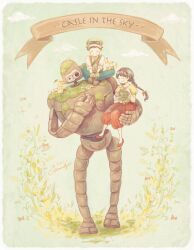 Rule 34 | 1boy, 1girl, artist name, bag, bare legs, blue pants, border, braid, brown hair, brown headwear, brown ribbon, carrying, carrying person, casual, closed eyes, closed mouth, commentary request, copyright name, creature, creature on shoulder, dated, day, english text, facing another, flower, flower wreath, fox squirrel, full body, goggles, goggles on headwear, grass, happy, hat, holding, holding flower, holding wreath, humanoid robot, indian style, laputa robot, leaf, long hair, momochy, on shoulder, orange vest, outdoors, pants, partial commentary, pazu, red footwear, red skirt, ribbon, robot, sheeta, shirt, short sleeves, shoulder bag, signature, sitting, sitting on shoulder, size difference, skirt, sky, sleeves rolled up, smile, standing, studio ghibli, tenkuu no shiro laputa, typo, vest, white border, white flower, white shirt, yellow headwear, yellow shirt
