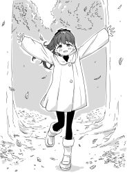 Rule 34 | 1girl, autumn leaves, blush, boots, bow, coat, commentary, dot nose, falling leaves, fukuyama mai, full body, fur-trimmed boots, fur trim, greyscale, hair bow, half-closed eyes, idolmaster, idolmaster cinderella girls, leaf, leaf on head, long hair, long sleeves, looking at viewer, monochrome, nishino hikoji, open mouth, outdoors, outstretched arms, pants, ponytail, sidelocks, smile, solo, standing, standing on one leg, teeth, tree, upper teeth only