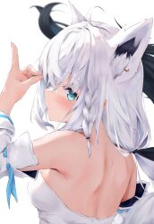 Rule 34 | 1girl, absurdres, animal ears, bare shoulders, blue eyes, blush, braid, breasts, detached sleeves, fox ears, fox girl, fox shadow puppet, from behind, highres, hololive, long hair, looking at viewer, medium breasts, shirakami fubuki, shirakami fubuki (1st costume), simple background, single braid, solo, tail, uechin ewokaku, upper body, virtual youtuber, white background, white hair