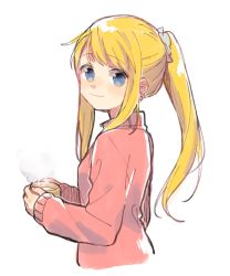Rule 34 | 1girl, blonde hair, blue eyes, closed mouth, cup, dot nose, earrings, fingernails, fullmetal alchemist, happy, high ponytail, holding, holding cup, jewelry, long hair, long sleeves, looking at viewer, looking back, mug, pink sweater, ponytail, scrunchie, shaded face, shyh yue, sidelocks, simple background, sleeves past wrists, smile, solo, steam, straight hair, sweater, turtleneck, turtleneck sweater, upper body, white background, white scrunchie, winry rockbell