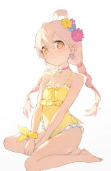 Rule 34 | 1girl, absurdres, ahoge, bare legs, bare shoulders, barefoot, blonde hair, breasts, choker, collarbone, commentary, earrings, flower, flower earrings, frilled one-piece swimsuit, frills, genderswap, genderswap (mtf), hair between eyes, hair flower, hair ornament, highres, jewelry, light blush, looking at viewer, low twintails, one-piece swimsuit, onii-chan wa oshimai!, orange eyes, oyama mahiro, pink choker, shenqi de (9), simple background, sitting, small breasts, smile, solo, swimsuit, twintails, white background, yellow one-piece swimsuit