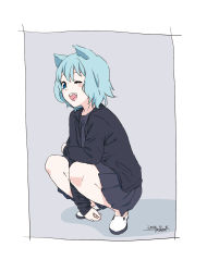 Rule 34 | 1girl, ;d, animal ears, artist name, blue eyes, blue hair, blush, blush stickers, cat ears, dated, highres, jacket, loafers, looking at viewer, matching hair/eyes, nanami ao, one eye closed, open clothes, open jacket, open mouth, pleated skirt, shadow, shoes, simple background, skirt, smile, solo, squatting, taisos, yozakura quartet